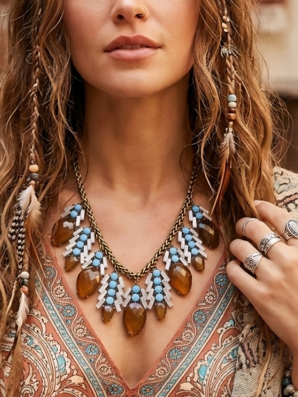 Fashion Jewelry Amber Teardrop Necklace with Turquoise Beads